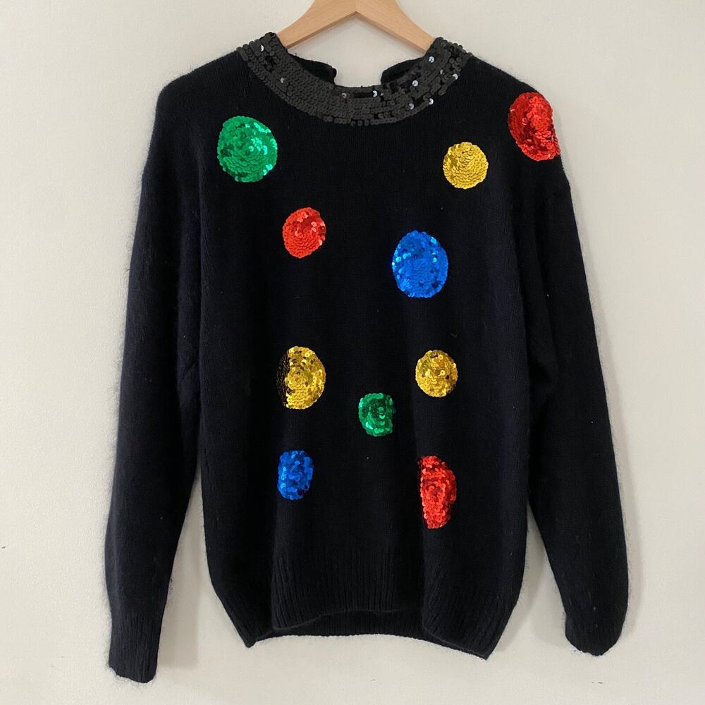 VTG Karen Scott Womens Sweater Size M‎ Sequin Polka Dot Silk Christmas Holidays